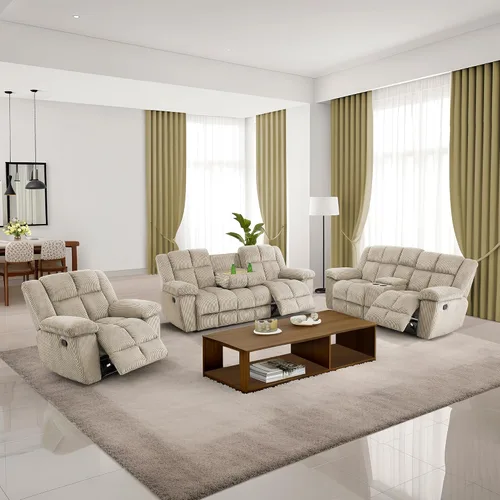 Vista 31 de Juego de sofá reclinable para muebles de sala de estar, juego de sofá y silla reclinable de pana verde, tela manual, sofá reclinable de 3 plazas