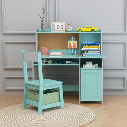 Vista 5 de TaoHFE Silla de Escritorio Azul para Niños, Escritorio para Niños con Almacenamiento y Estante, Conjunto de Escritorio y Silla de Madera para Niños