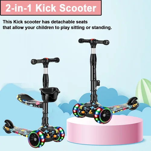 Vista 5 de Patinete 2 en 1 para niños de 3 a 8 años, altura ajustable, asiento extraíble, 3 ruedas de luz LED, actividades al aire libre para niños y niñas