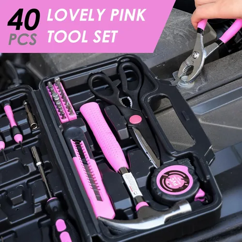 Vista 3 de DOWELL Juego de herramientas para el hogar de 40 piezas rosa, kit de herramientas manuales generales para el hogar con estuche de almacenamiento