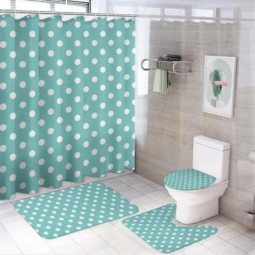 Vista 48 de Juego de 3 alfombras de baño con diseño de lunares, color azul aguamarina, antideslizante, con contorno en forma de U y tapa de inodoro