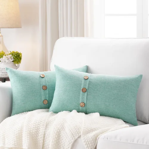 Vista 34 de Meekio Juego de 2 Fundas de Almohada Verde Aqua de 16 x 16 Fundas de Almohada de Lino con Botones de Coco Decoración de Granja Regalos