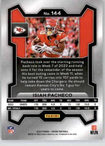Vista 2 de 2023 Panini Prizm Football #144 Isiah Pacheco Kansas City Chiefs Official NFL Trading Card (Stock Photo shown, Near Mint to Mint Condition)
