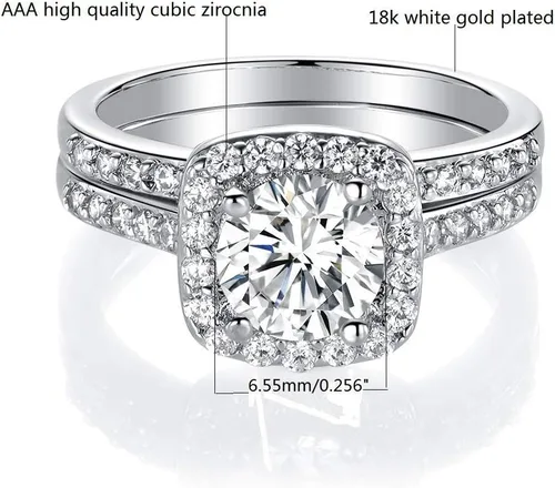 Vista 3 de MDFUN Anillo de compromiso de boda con circonita cúbica chapada en oro blanco de 18 quilates con halo de compromiso de boda y eternidad para mujer