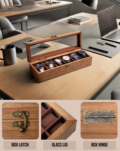Vista 3 de Caja de reloj para hombres y mujeres, tapa de cristal grande, caja de almacenamiento de madera con 6 ranuras, organizador retro Burlywood