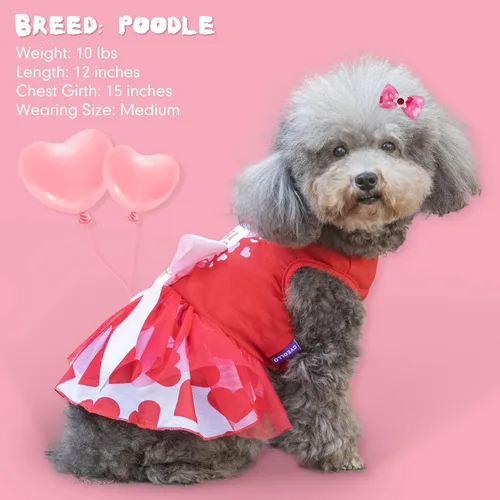 Vista 6 de cyeollo - Vestido de San Valentín para perro, traje de tul con estampado de corazón, con clip de lazo, talla XS Soft Breathable Fabric
