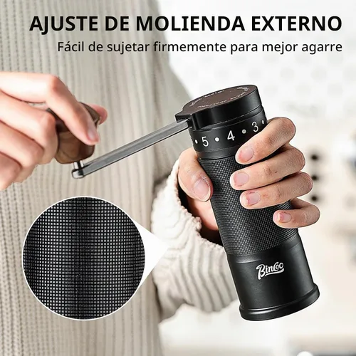 Vista 3 de Bincoo Molinillo de café manual con mango plegable manual – Molinillo de café expreso, compacto y portátil para el hogar, viajes, camping (negro)