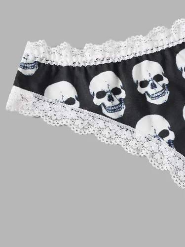 Vista 3 de WDIRARA Conjunto de ropa interior para mujer, paquete de 3 unidades, estampado gráfico de calavera