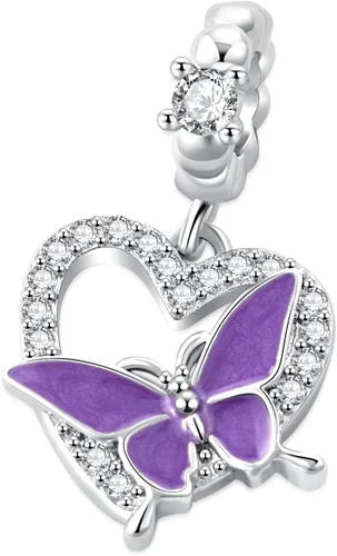 Vista 2 de QeenseKc Dije colgante de corazón de mariposa de cristal para pulsera Pandora