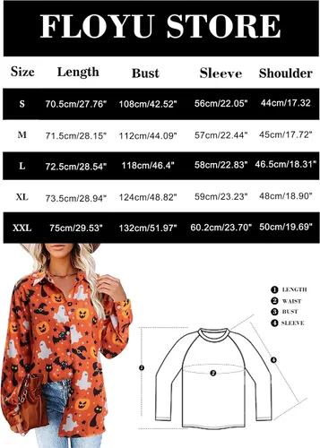 Vista 6 de FLOYU Camisa de Halloween para mujer, blusa de manga larga Hocus Pocus, camiseta de calabaza de Halloween, camiseta hawaiana con botones y cuello