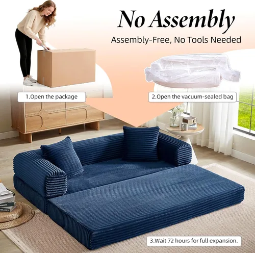 Vista 8 de Sofá cama plegable convertible 4 en 1, sofá cama plegable con marco de forma fija, sofá plegable de pana nube para sala de estar y dormitorio