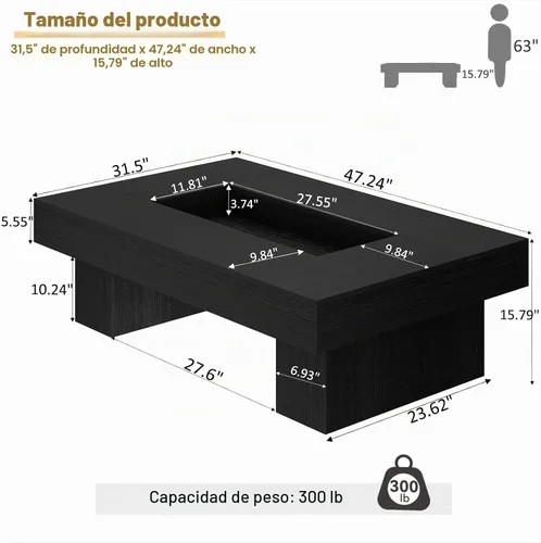 Vista 2 de LVB - Mesa de café negra, mesa de sala moderna de madera con LED y almacenamiento, mesa central única de gran tamaño y forma rectangular con luz