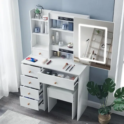 Vista 9 de Tocador blanco escritorio de maquillaje w/LED espejo deslizante taburete tocador tocador tocador