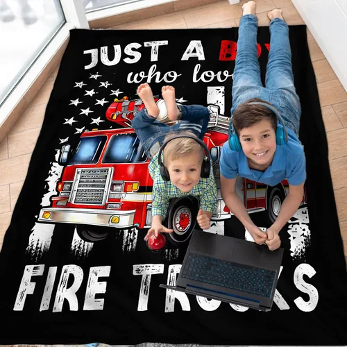 Vista 6 de Manta de Camión de Bomberos para Niños - 30x40 Pulgadas Bonita Manta de Tiro Regalos para Niños Amantes de Camiones - Mantas Negras Suaves