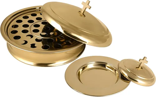 Vista 9 de Communion Ware - Bandeja para servir vino santo con tapa y un plato de pan apilable con tapa, acero inoxidable (latón/dorado)