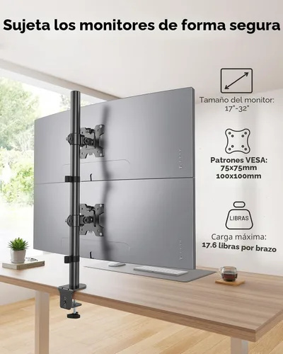 Vista 2 de HUANUO Soporte vertical para monitor doble, soporte de monitor apilado para 2 monitores con ajuste de altura, brazo de monitor de computadora