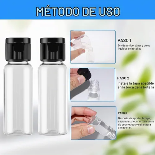 Vista 5 de 30 botellas de muestra de plástico transparente reutilizables vacías de 0.5 fl oz 0.51 oz con tapa abatible negra, frasco de viaje, recipiente