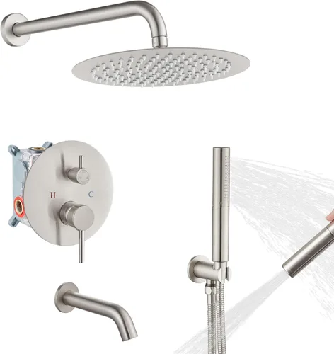Vista 17 de Airuida Sistema de ducha con boquilla de bañera, cabezal de ducha redondo de 10 pulgadas con 2 funciones, ducha de mano, montaje en pared, juego