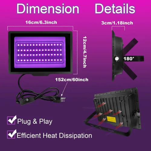Vista 5 de Paquete de 2 Luces Negras LED de 40W IP66 Impermeables, Luz Negra con Enchufe e Interruptor, Reflector para Fiesta Fluorescente, Decoración