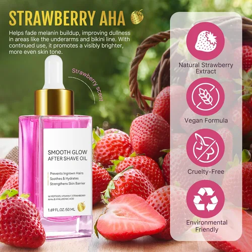 Vista 8 de Aceite para después del afeitado para mujeres para una piel suave, aceite de afeitar de fresa con péptidos y ácido hialurónico, prevención de golpes