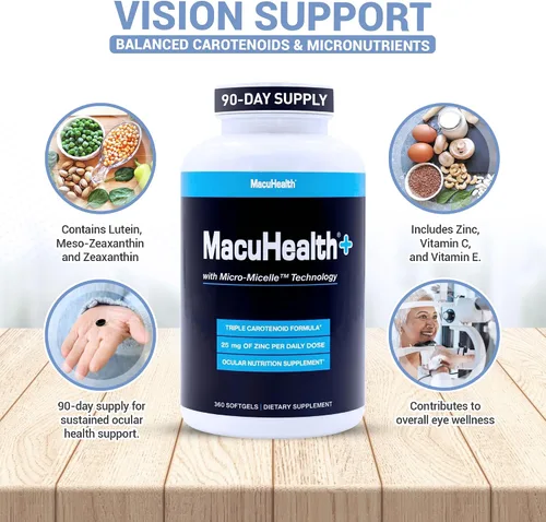 Vista 6 de Macuhealth Plus+ Suplemento de vitaminas para los ojos para adultos, suministro para 90 días con luteína, zeaxantina y meso-zeaxantina, sin sabor