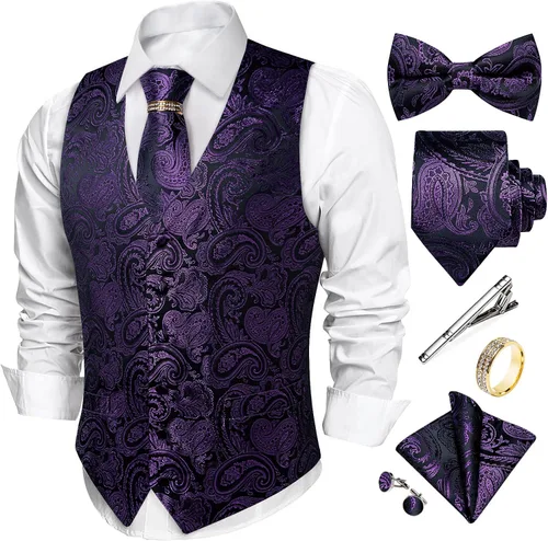 Vista 15 de DiBanGu Conjunto de chaleco de corbata y corbatín para hombre, chaleco de Negro