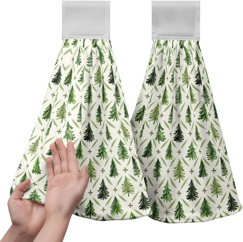 Vista 33 de Juego de 2 toallas de cocina colgantes de hojas tropicales de verano, color verde, hojas de palmera, con bucles para colgar, suaves y absorbentes