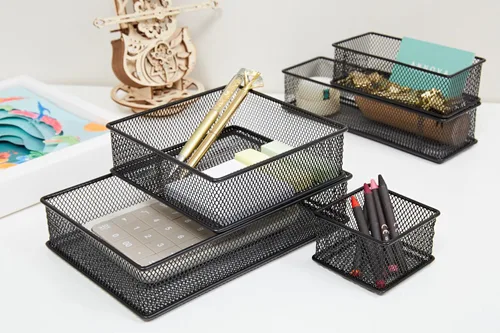 Vista 8 de Annova Organizador de cajones y estantes apilables de malla, cesta de almacenamiento, bandeja para suministros escolares y de oficina, juego de 2