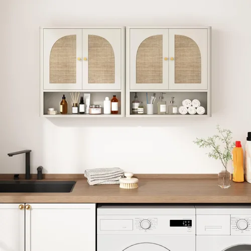 Vista 4 de RUSTOWN Mueble de pared de baño de ratán con 2 puertas arqueadas y estante Blanco rústico