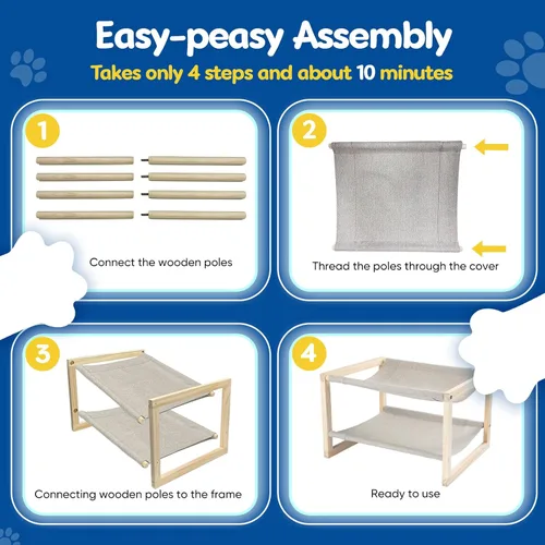 Vista 6 de Hamaca para gatos, cama de madera de doble capa para gatos de interior, cama elevada de 2 niveles para gatos con fundas transpirables y lavables