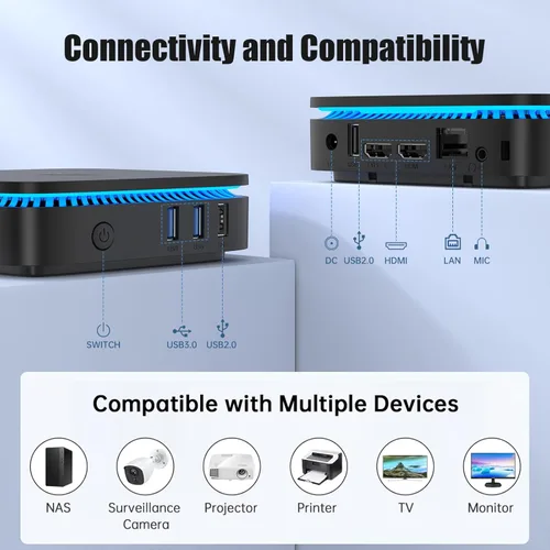 Vista 7 de KAMRUI AK1PLUS Mini PC, 8GB DDR4 256GB M.2 SSD, Mini computadora de escritorio con 4 USB-A, 2 HDMI, Ethernet