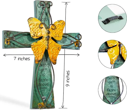 Vista 2 de MelinSam Crucifijo de madera único con mariposa decorativa de metal envejecido y oración inspiradora inscrita en la cruz