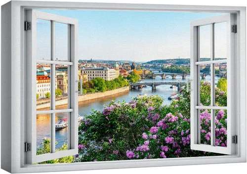 Vista 52 de wall26 - Cuadro en lienzo para pared, vista de ventana, río neón turquesa, rápido, bosque, lago, arroyo, naturaleza salvaje, fotografía, realismo