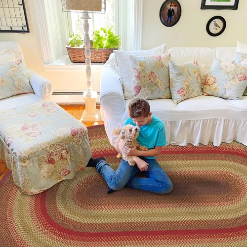 Vista 150 de Homespice Apple Pie - Alfombra ovalada roja de 2 x 3 pies, alfombra de cocina trenzada para decoración primitiva y rústica, reversible, yute sin