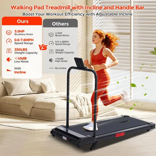 Vista 2 de Portable Walking Pad Treadmill with Incline, Small Walking Pad with Handle Bar, Treadmills for Home Small Space, 3.0HP Electric Small Mini Treadmill