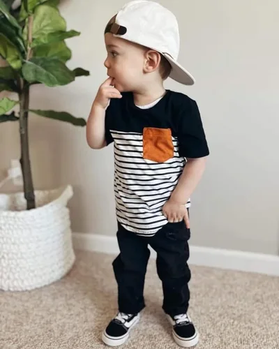 Vista 3 de Amiblvowa Conjunto de ropa de 2 piezas para bebé y niño de manga larga a rayas camisas pantalones largos para correr otoño e invierno