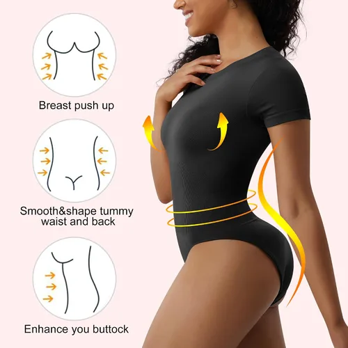 Vista 5 de Body de manga corta con cuello redondo para mujer, sin costuras, camiseta triangular acanalada, camiseta básica, leotardo