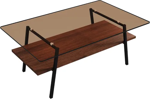 Vista 6 de IANIYA - Mesa de centro moderna de cristal, mesa de centro pequeña de mediados de siglo, mesa de centro para sala de estar con estantes de madera