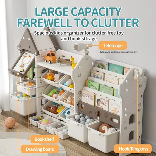 Vista 6 de UNICOO Organizador de almacenamiento de juguetes para niños con estantería, organizador de sala de juegos de 14 cubos y estantería, estante de Marrón