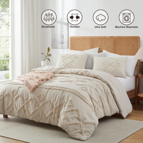 Vista 52 de Oli Anderson Juego de Edredón Beige Queen Acolchado Juego de Ropa de Cama Queen 3 Piezas, Edredón Boho Shabby Chic con 2 Fundas de Almohada