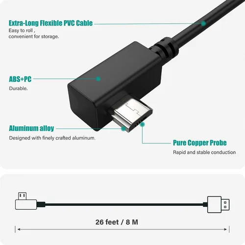 Vista 3 de TUSITA Cable de alimentación extra largo (26 pies 26.2 ft), cable extensor micro USB compatible con Garmin Dash Cam Mini 2, tándem