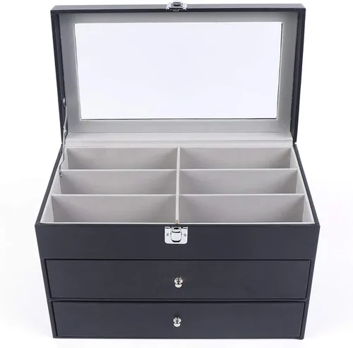Vista 2 de Sunglass - Caja organizadora de relojes, de piel sintética negra, caja de 12 relojes y 12 piezas de almacenamiento para lentes, caja de joyería
