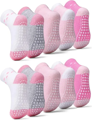 Vista 5 de Sosenfer Calcetines antideslizantes para niños pequeños con pinzas, 5-10 pares de calcetines antideslizantes para bebés de 1 a 7 años, hechos