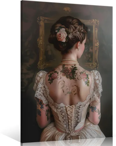 Vista 19 de Pintura retro de chica con estilo vintage en lienzo con estampado de rosas, póster estético antiguo, chica victoriana de estilo moody, arte de pared