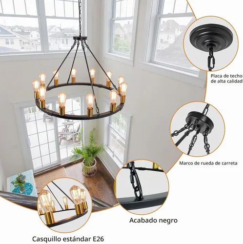 Vista 5 de Candelabro de rueda de carro de 31.5 pulgadas, 12 luces, color negro y dorado, lámpara de granja, lámpara rústica de comedor, iluminación colgante