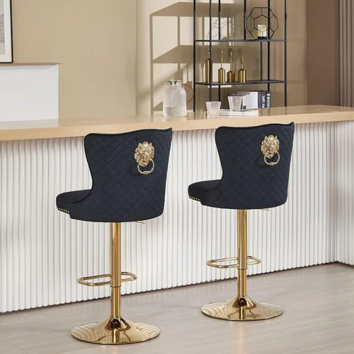Vista 7 de Juego de 2 taburetes de bar negros y dorados, taburetes de bar de terciopelo con respaldo de ala alta, modernas sillas de bar tapizadas, taburete