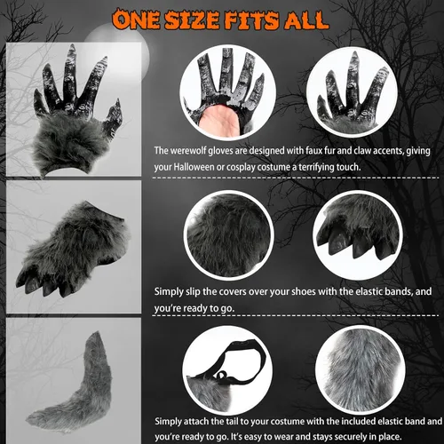 Vista 4 de Nalmits Disfraz de hombre lobo de Halloween para niños, trajes de lobo aullador de lujo con máscara de ojos rojos iluminados, guantes, zapatos