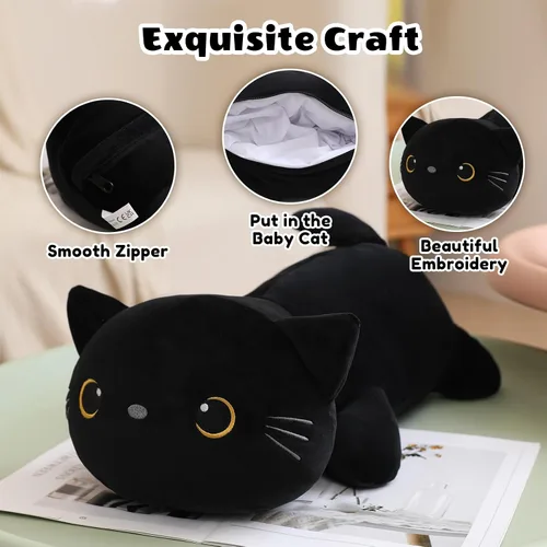 Vista 6 de SQEQE Peluche de gato negro con 4 bebés, gato en la barriga, lindo gato negro de peluche para niños, regalos ideales para Navidad, San Valentín
