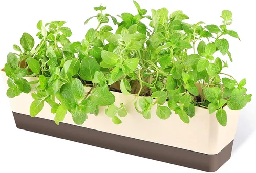 Vista 11 de GREANER Macetero para alféizar de ventana, 1 paquete de 12 x 3.8 pulgadas rectangular de hierbas con bandeja, moderna maceta de plástico
