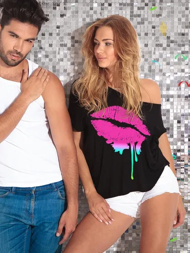 Vista 5 de Traje de fiesta de los años 80 para mujer, ropa novedosa de neón de los años 80 con hombros descubiertos, camisetas con hombros descubiertos